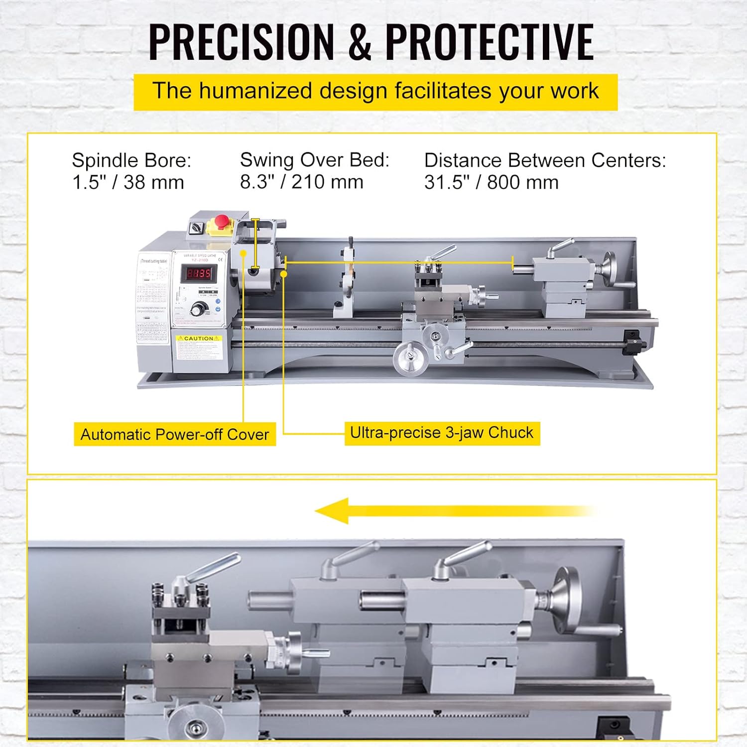 VEVOR Metal Lathe, 210x800 Mini Lathe Machine, 2500 RPM Variable Speed Change, 850W Precision Mini Lathe, Metal Working Lathe with Brushless Motor
