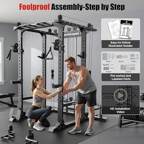 Sportsroyals Power Cage,1600lbs Multi-Function Power Rack with Adjustable Cable Crossover System and More Training Attachment