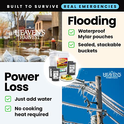 Heaven’s Harvest 25-Year Family Food Kit — Premium Emergency Food Supply. Freeze Dried Survival Food Kit + Water-Proof 25-Year Storage Bucket. MRE