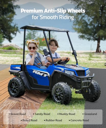 ELEMARA 24V Ride on Toy for Big Kid,Ride on Car 2 Seater w/Sun Shade,Dump Bed & Shovel,4.5MPH,4WD Electric Car for Kids,Battery Car w/Remote