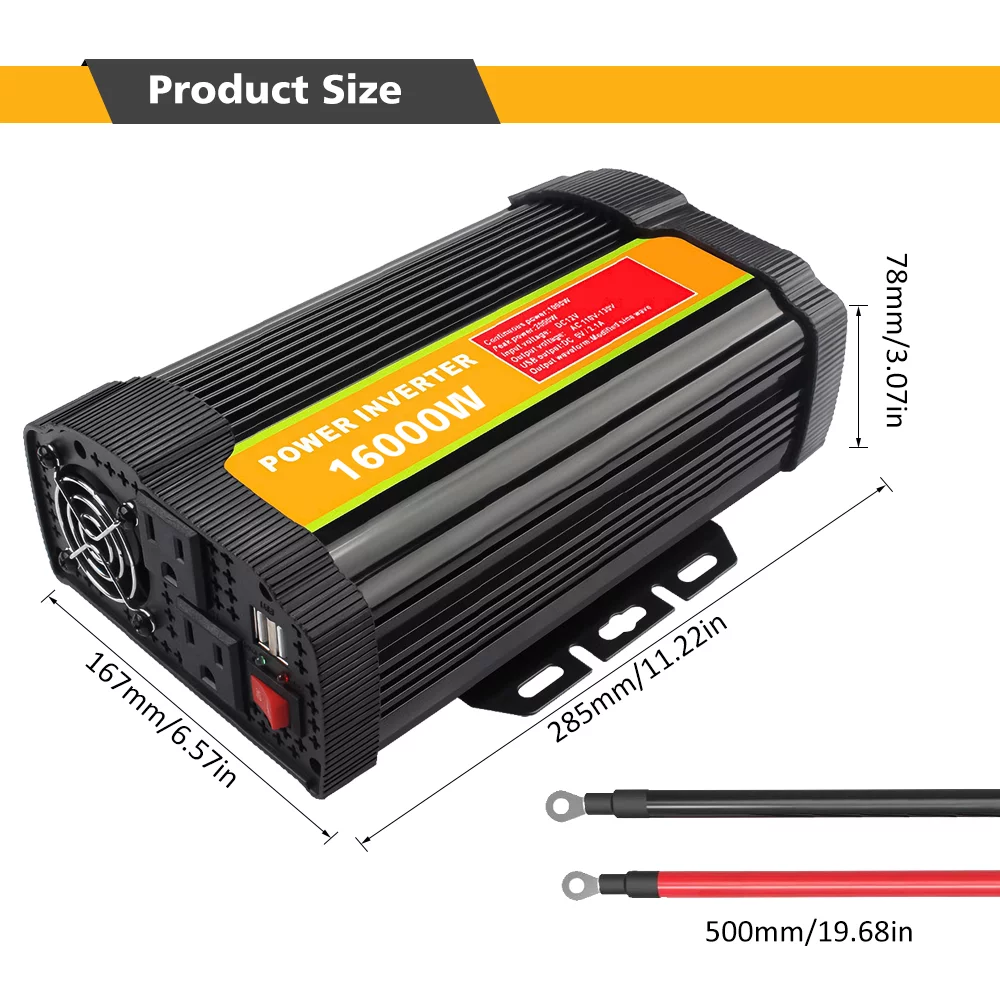 Modified Sine Inverter High Frequency 16000W Peak Power Watt Power Inverter DC to AC Converter Car Power Inverter with 2.1A Dual USB Port