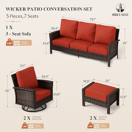 HERA'S HOUSE High Back Patio Furniture Set with Swivel Chairs, Outdoor Wicker Conversation Sets with 5.5" Comfy Cushions, 4 Piece Outside Sofa Sets