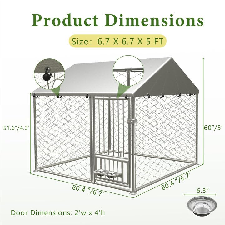 10X10FT Outdoor Large Dog Kennel, Heavy Duty Dog Cage for Large Dogs, Durable Dog House Enclosure with Roof and Rotating Feeder Bowls