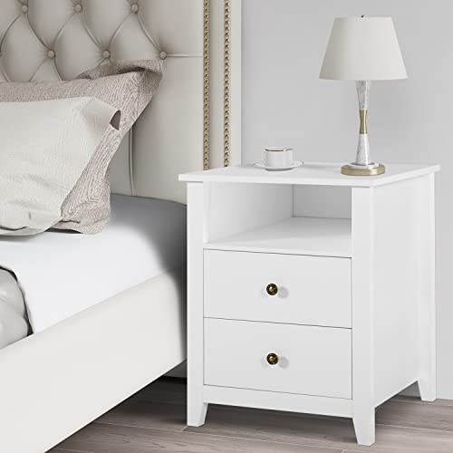 Vikiullf White Nightstands with Drawer - Set of 2 Modern Bedroom Night Stands, Wood Bedside Tables with 1 Storage Drawer and Open Shelf, 23.8”H