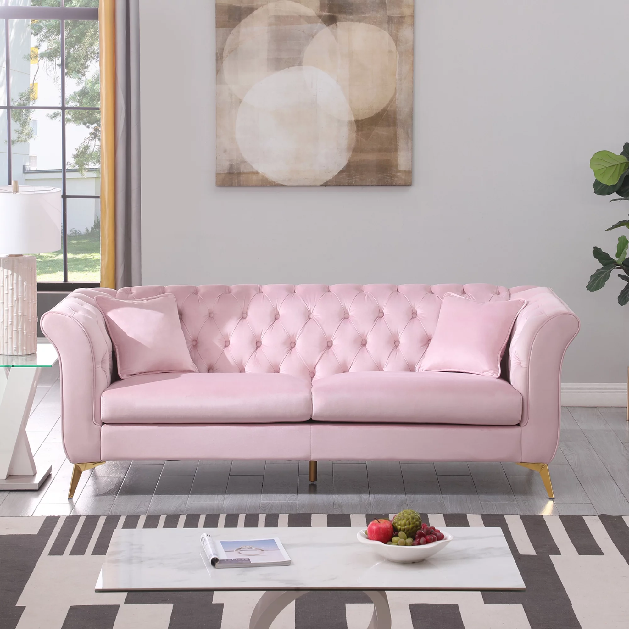 Chesterfield sofa ,Stanford sofa , high quality Chesterfield sofa ,pink color , tufted and wrinkled fabric sofa;contemporary Stanford sofa