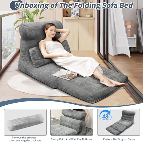 Folding Sofa Bed, Floor Couch for Adults Chair Bed, Convertible Sleeper Chair with Back Support Washable Cover