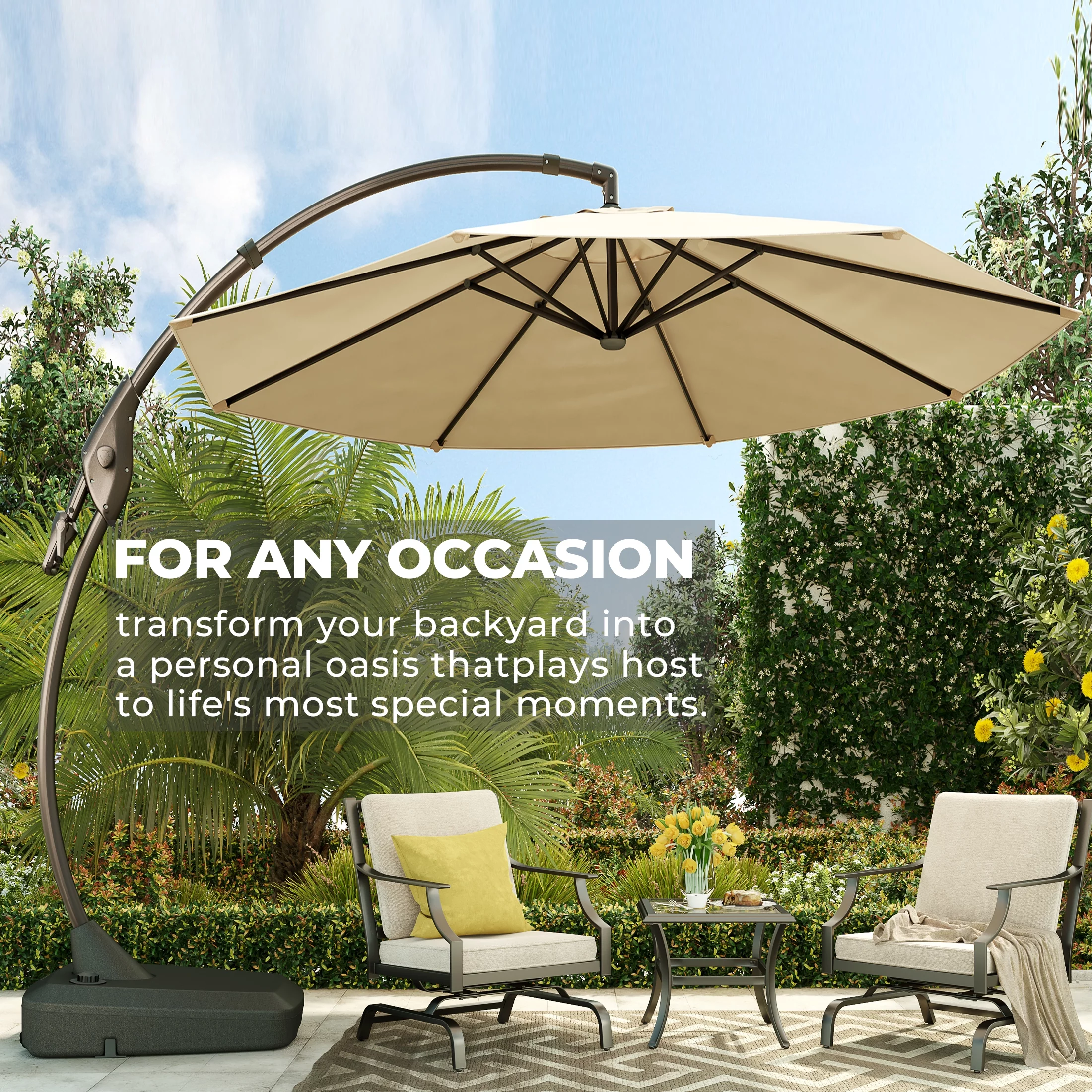 Grand Patio 11-Ft Outdoor Patio Umbrella with Base, Curved Offset Cantilever Umbrella Large w/360° Rotation Shade for Patio Pool Deck, Champagne