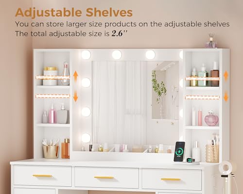 ANWBROAD White Vanity Desk with Mirror and Lights Makeup Vanity Desk with Power Outlet 11 Drawers 9 Shelves Hair Dryer Stand 3 Color Lighting Modes