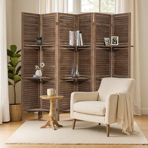 Osparple Room Divider with Shelves 6 Panel Wooden Folding Room Dividers Privacy Screen Wall Divider for Room Separation for Office and Apartment