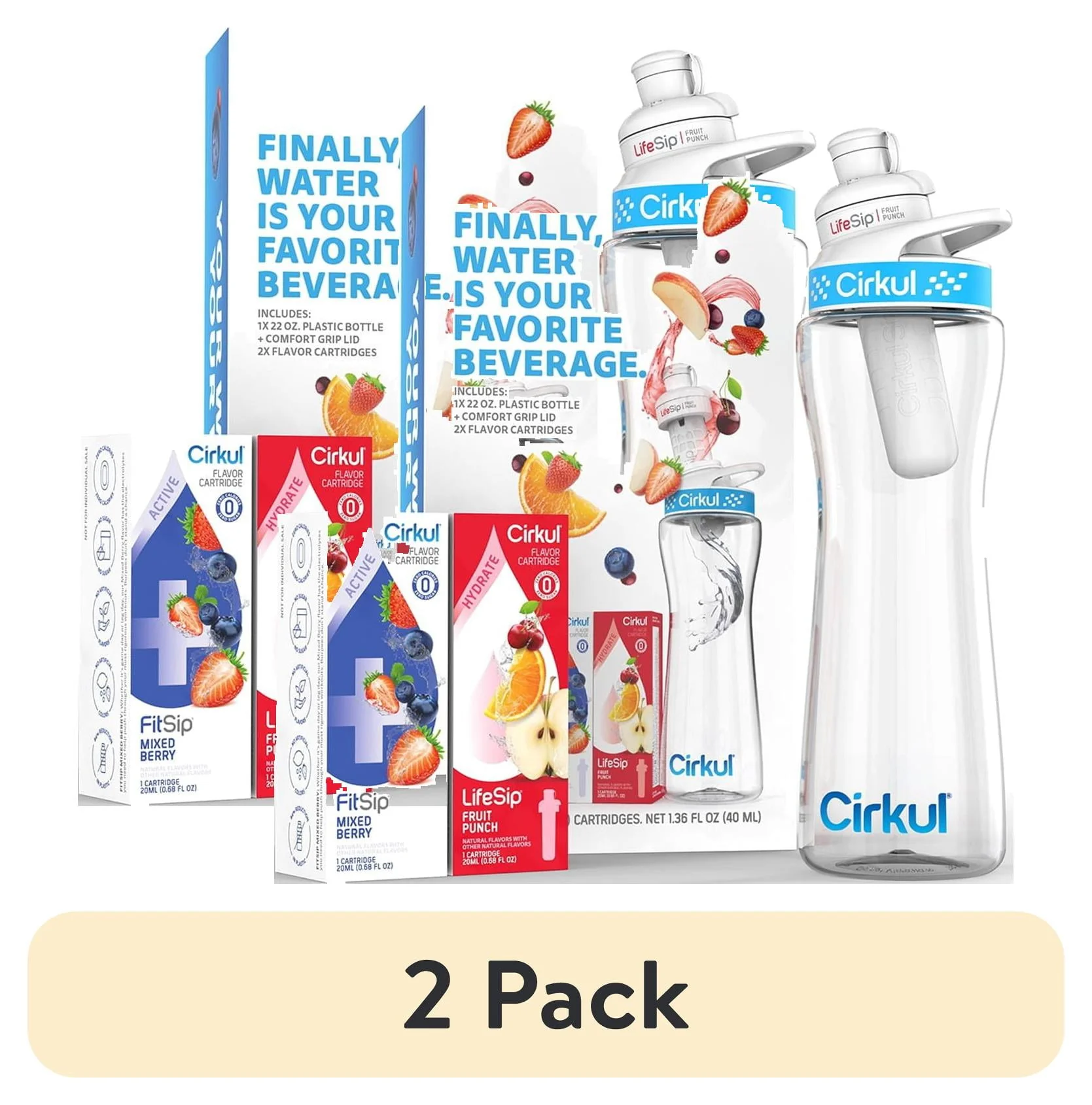 Cirkul 22oz Plastic Water Bottle Starter Kit with Blue Lid and 2 Flavor Cartridges (Fruit Punch & Mixed Berry)