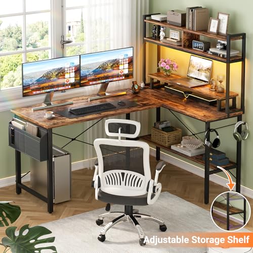 Aheaplus L Shaped Gaming Desk with Power Outlets & LED Lights, Small L- Shaped Desk Computer Corner Desk with Monitor Stand & Storage Shelf