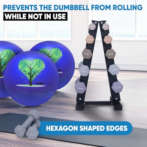 Dumbbell Set with Rack - Neoprene Coated Weights with Stand - Hex Color Coded Dumbell Pairs 1-20 LBs