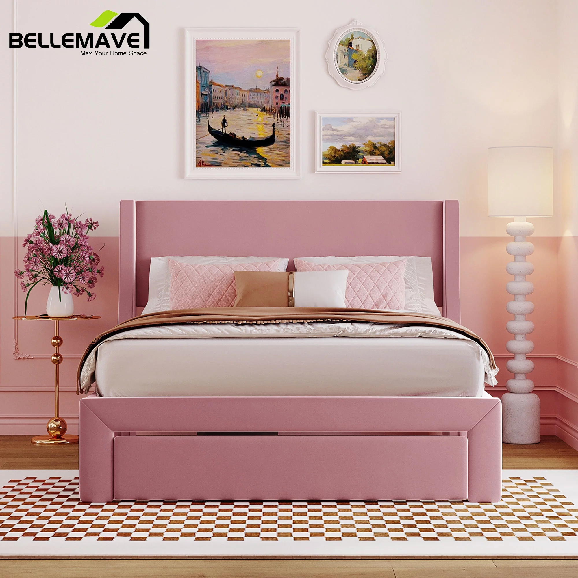 Bellemave Full Size Pink Velvet Upholstered Platform Bed with One Spacious Drawer and Wood Slats