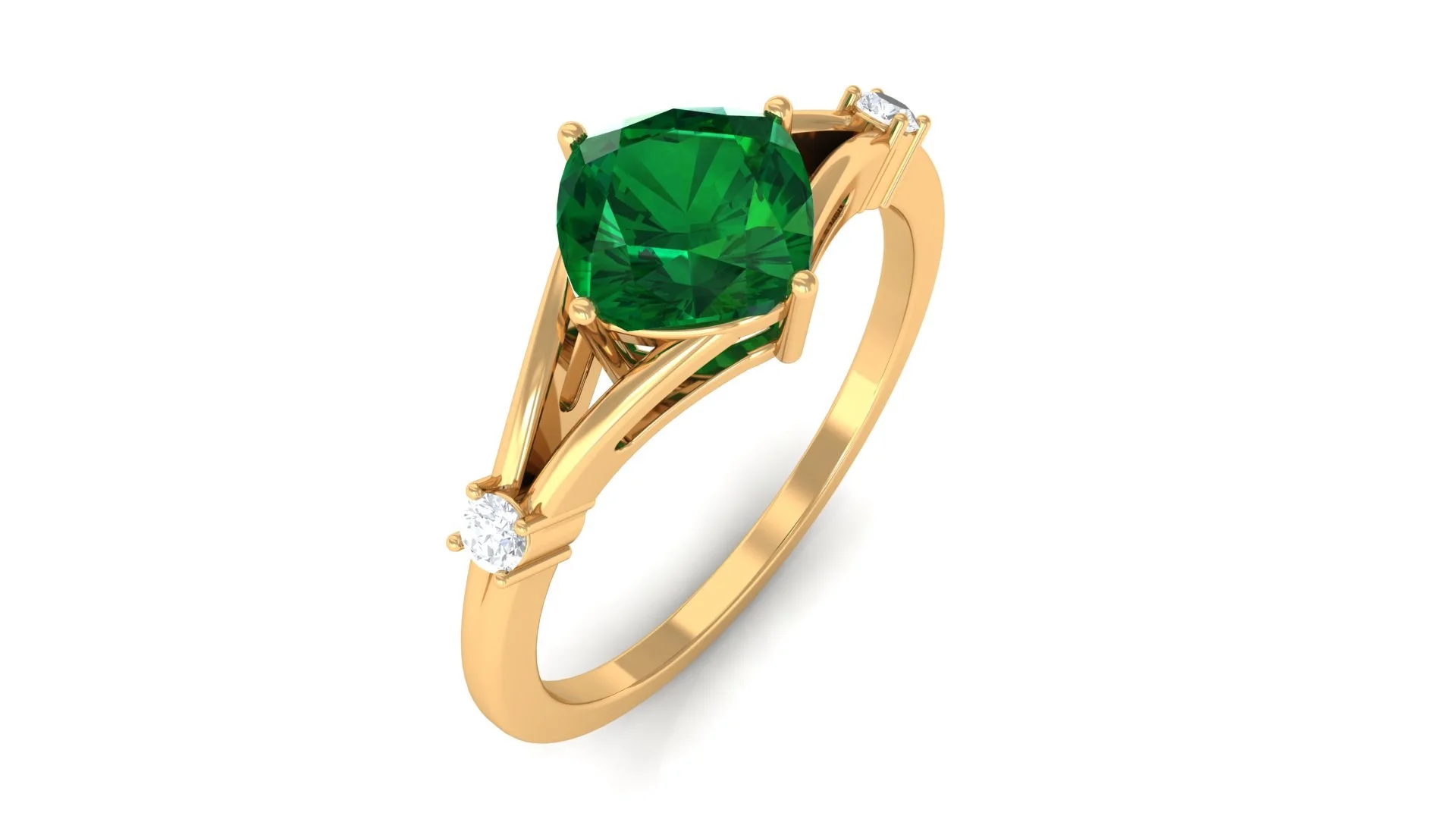 Cushion Cut Lab Grown Emerald Solitaire Ring with Diamond - 6 mm, 14K Yellow Gold, US 9.50