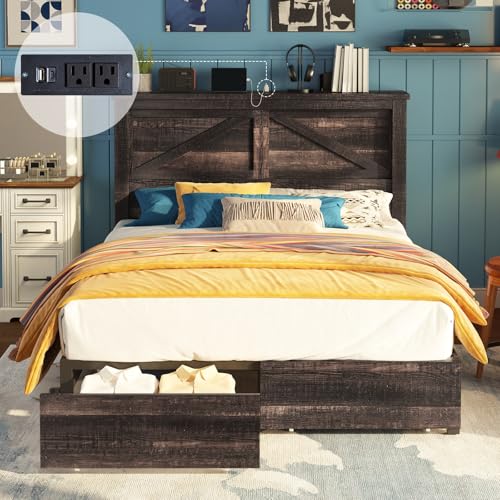 AMERLIFE 47.2" H King Bed Frame with Hidden Space Bookcase Headboard and Charging Station, Beds with 2 Storage Drawers and Wood Slats
