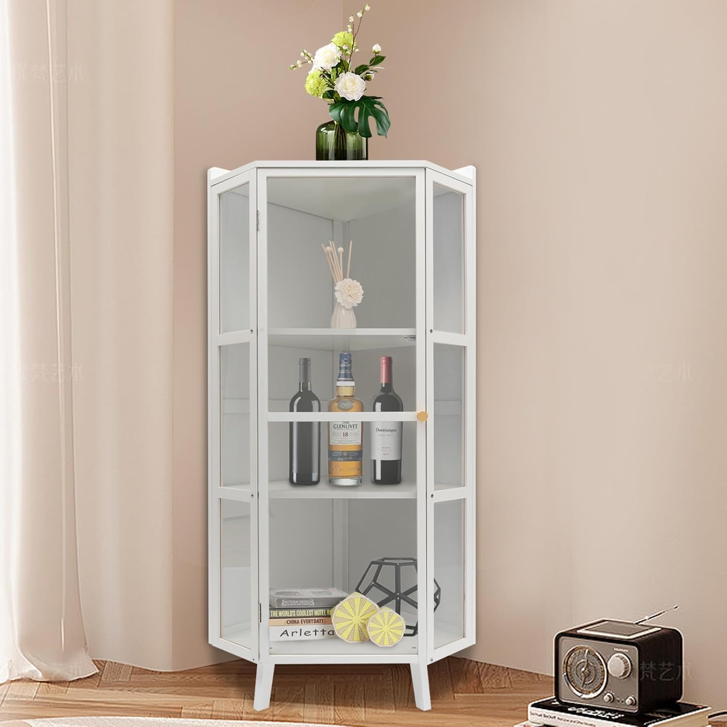 Tall Corner Storage Cabinet Modern Freestanding Corner Shelves Farmhouse 3-Tier Corner Bookshelf Stand Storage Rack with Clear Door Home Space Saver