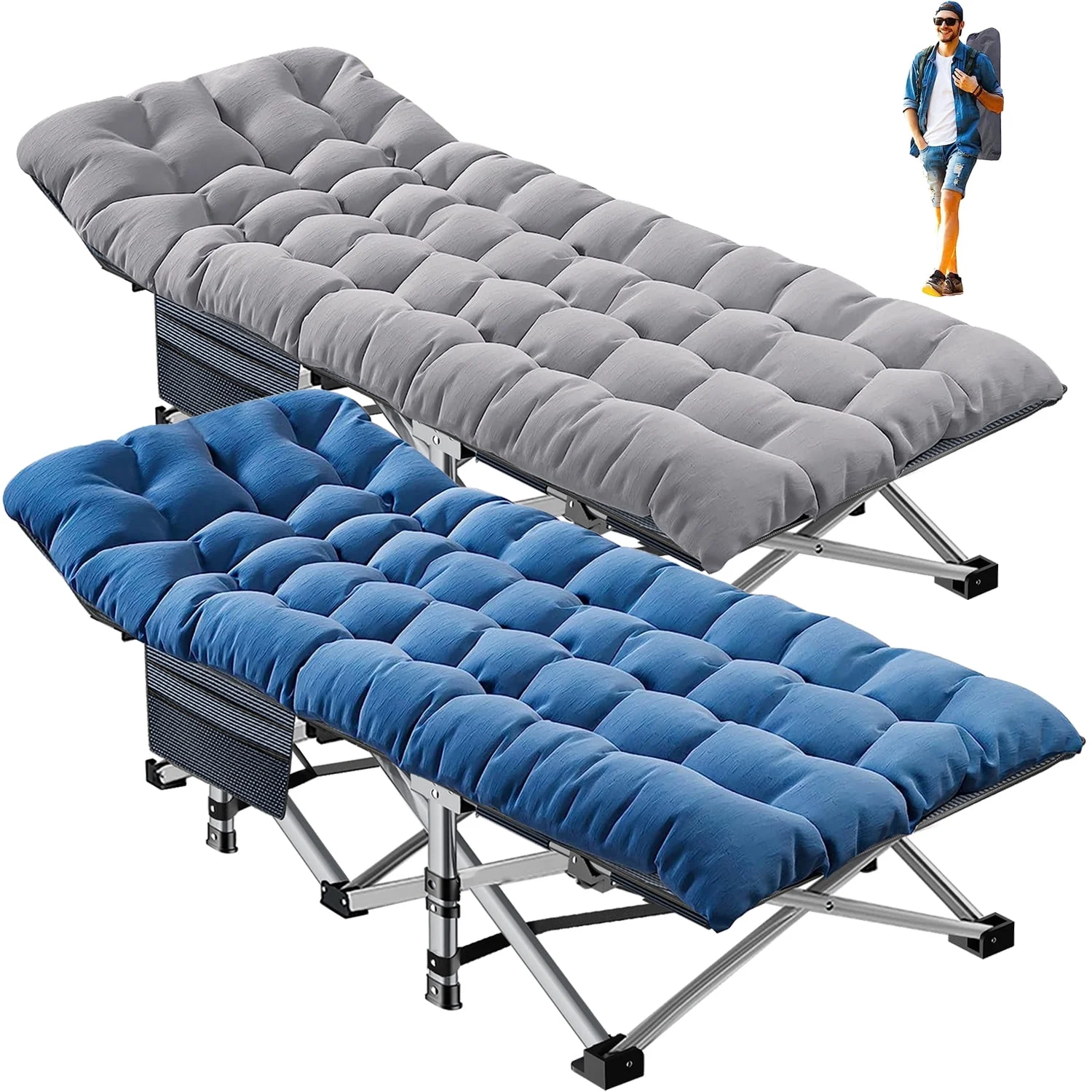 Slsy 2 Pack Folding Bed Cot with 3.3 Inch 2 Sided Mattress, 900lb Loading Double-Layer 1200D Folding Camping Cots with Carry Bag