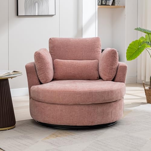 Aoiy & Wifon 42.2" W Oversized Swivel Barrel Chair with Ottoman, Upholstered Round Accent Chair with Storage Ottoman, Chenille, Beige
