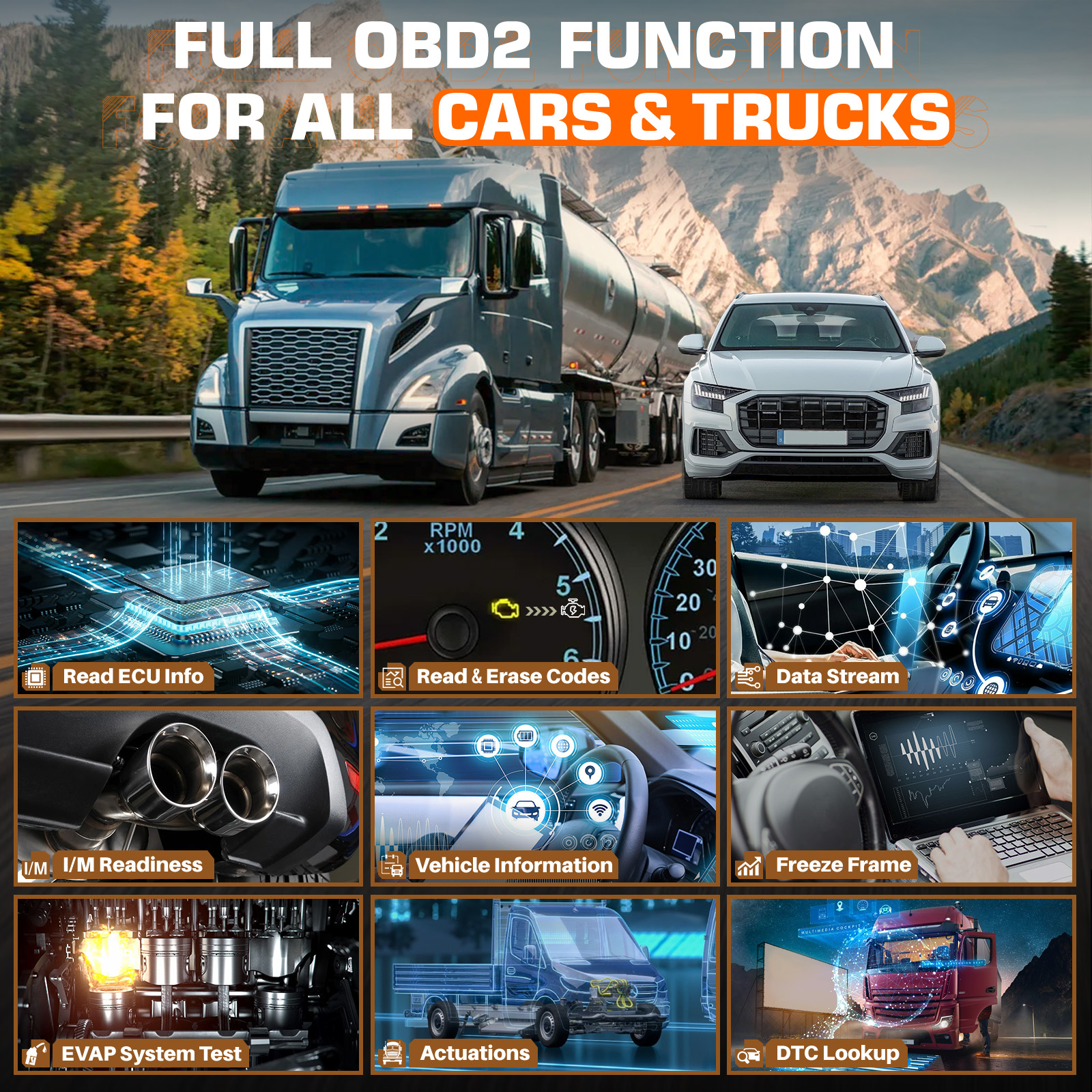 ANCEL V5 HD Diesel Truck Bi-directional Diagnostic Scan Tool Heavy Duty Truck All System Scanner 40+ Maintenance Reset DPF Regen ECU Coding OBD2 2 IN