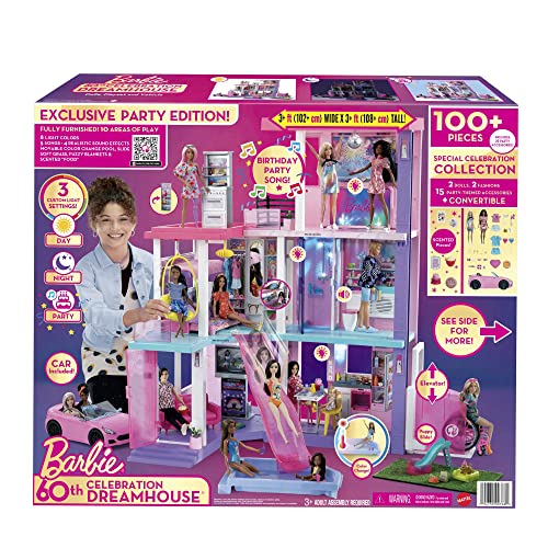 Barbie 60th Celebration DreamHouse Doll House Playset (3.75-feet) with 2 Exclusive Dolls, Car, Pool, Slide, Elevator, Lights & Sounds
