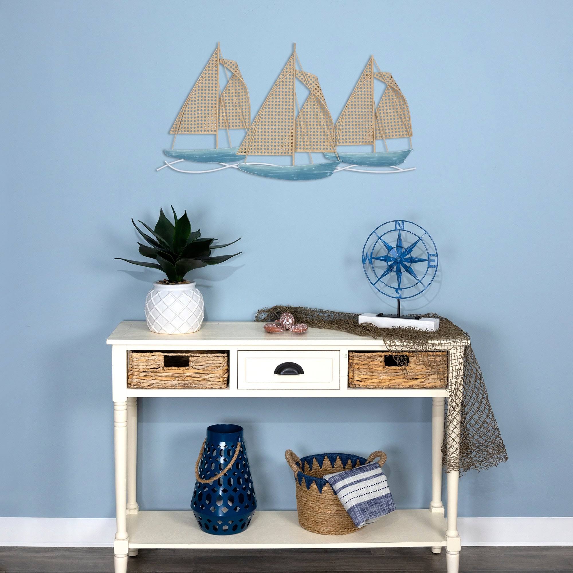 Stratton Home Decor Coastal Cane Webb Sailboats Centerpiece Wall Decor - 37.00 x 2.00 x 19.70