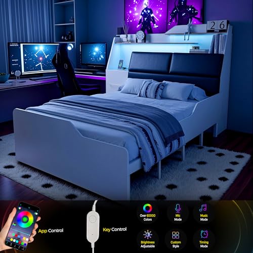 Full Platform Bed Frame with Foldable Desk, Daybed with Storage Headboard, Bookcase, 4 Drawers, LED Light & Charging Station, No Box Spring Needed