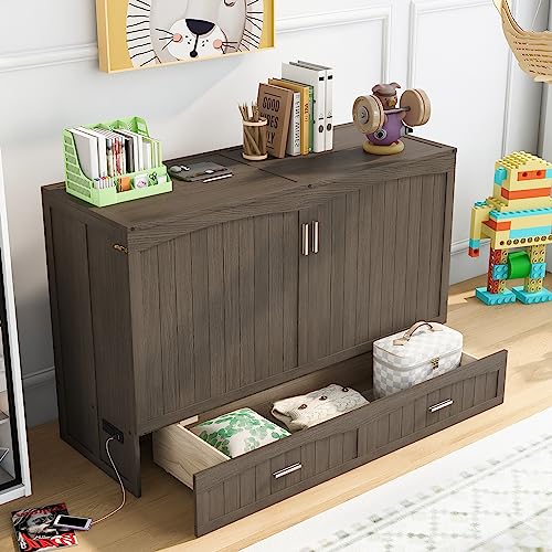 Murphy Bed Chest Queen Size, JULLYFOX Space Saving Platform Bed Queen Size with Storage Drawers Underneath 400 lbs Heavy Duty
