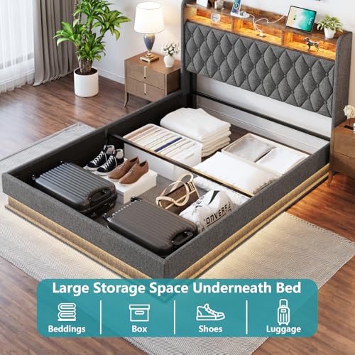 Queen Bed Frame with Storage - Lift Up Queen Size Bed Frame with Headboard, Upholstered Platform Bed with LED Lights & Charging Station