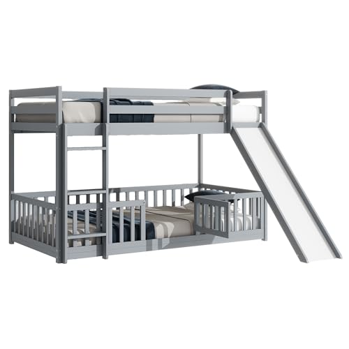 Bunk Beds Twin Over Full Size, Pine Solid Wooden Bunk Bed with Slide, Storage Staircase, Safety Guardrails for Kids, White