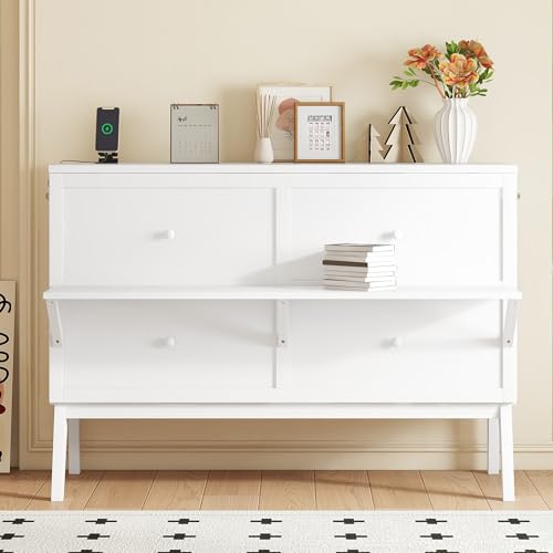 Queen Murphy Bed with Desk and Removable Shelves on Each Side, Murphy Bed Chest Murphy Bed Frame w/USB Port for Home Office, Studio or Guest Room