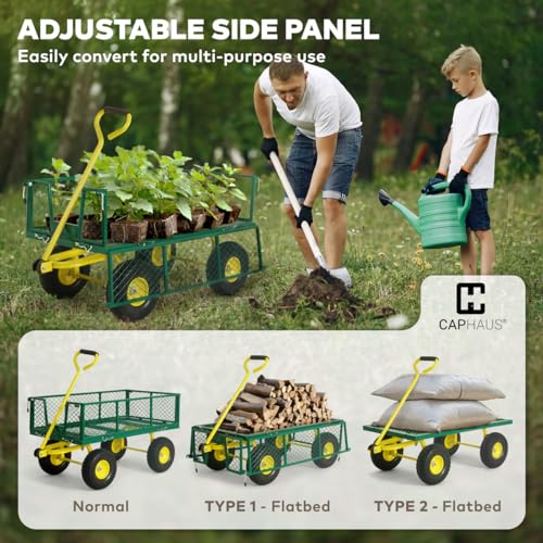 CAPHAUS Metal Black Garden Cart, w/ 180° Adjustable Yellow Handle, w/Mat and Strap, Heavy Duty 880 lbs Capacity, w/ 10” Flat-Free Tires