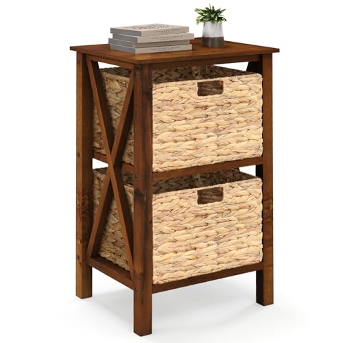 Giantex 2-Tier Nightstand with Wicker Baskets Set of 2, Wooden X-Design Side Table End Table, Beside Table with Acacia Wood Legs