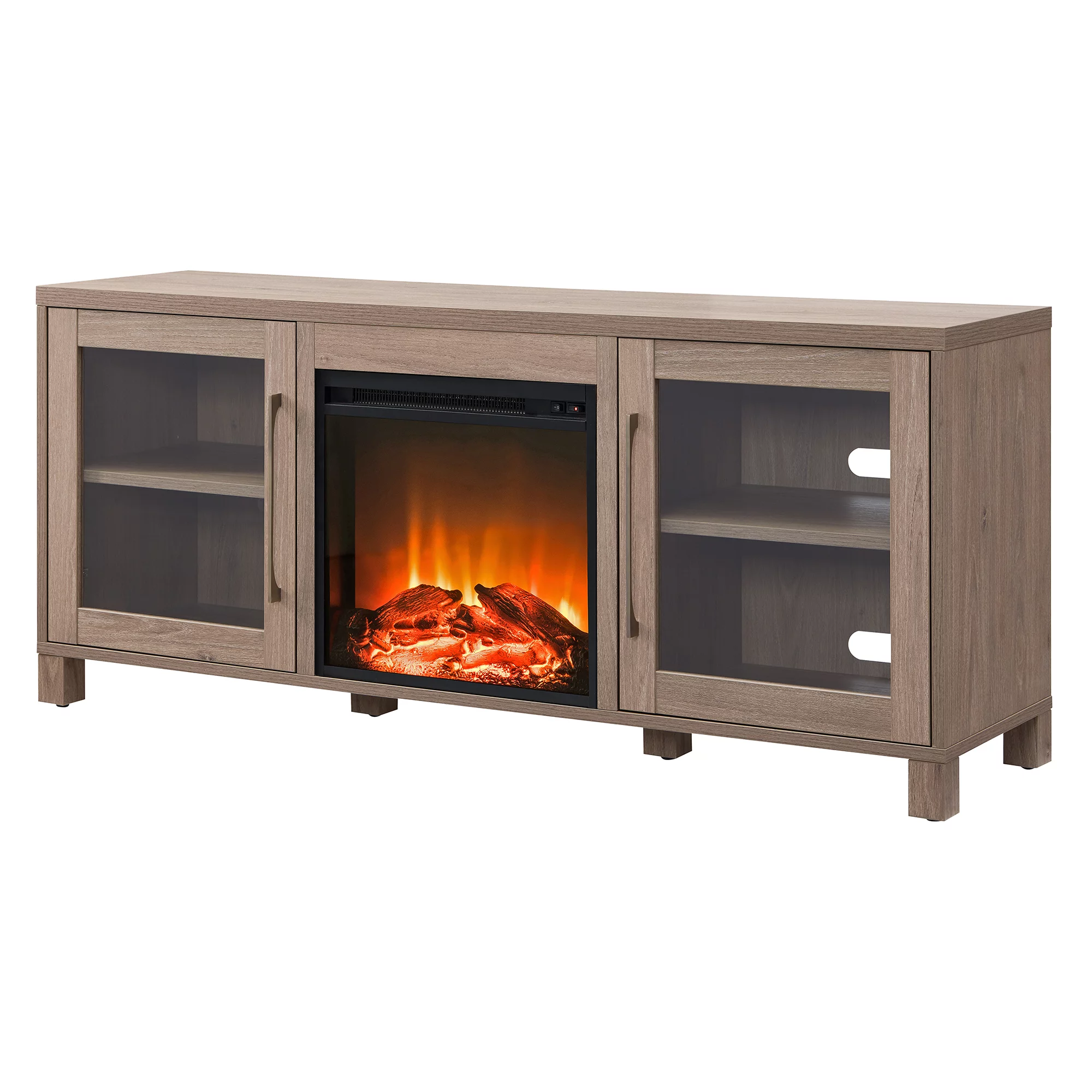 Evelyn&Zoe Quincy Rectangular TV Stand with Log Fireplace for TV's up to 65", Antiqued Gray Oak