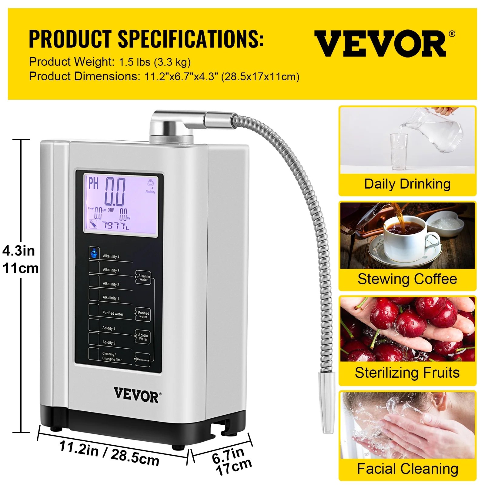 BENTISM  Water Ionizer Machine Alkaline Acid Water Purifier PH3.5-10.5 w/ 3.8" LCD Panel , 7 Water Settings, up to 1200PPM TDS & -500mV ORP