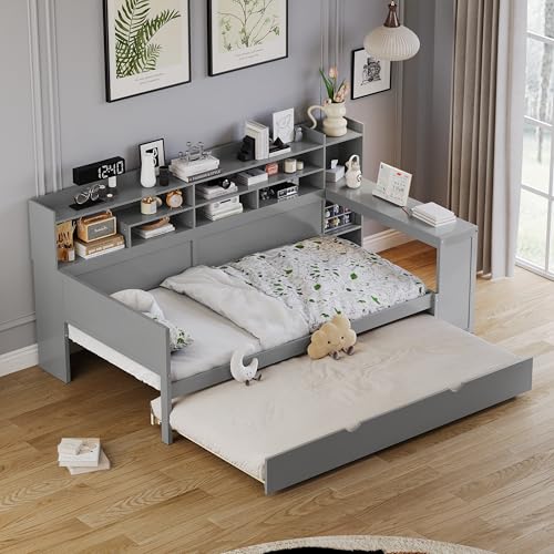 Corner Twin Bed Frame with Bookcase Storage and Desk, Wood Day Beds with 2 Drawers, Twin Size Daybed with Storage for Living Room