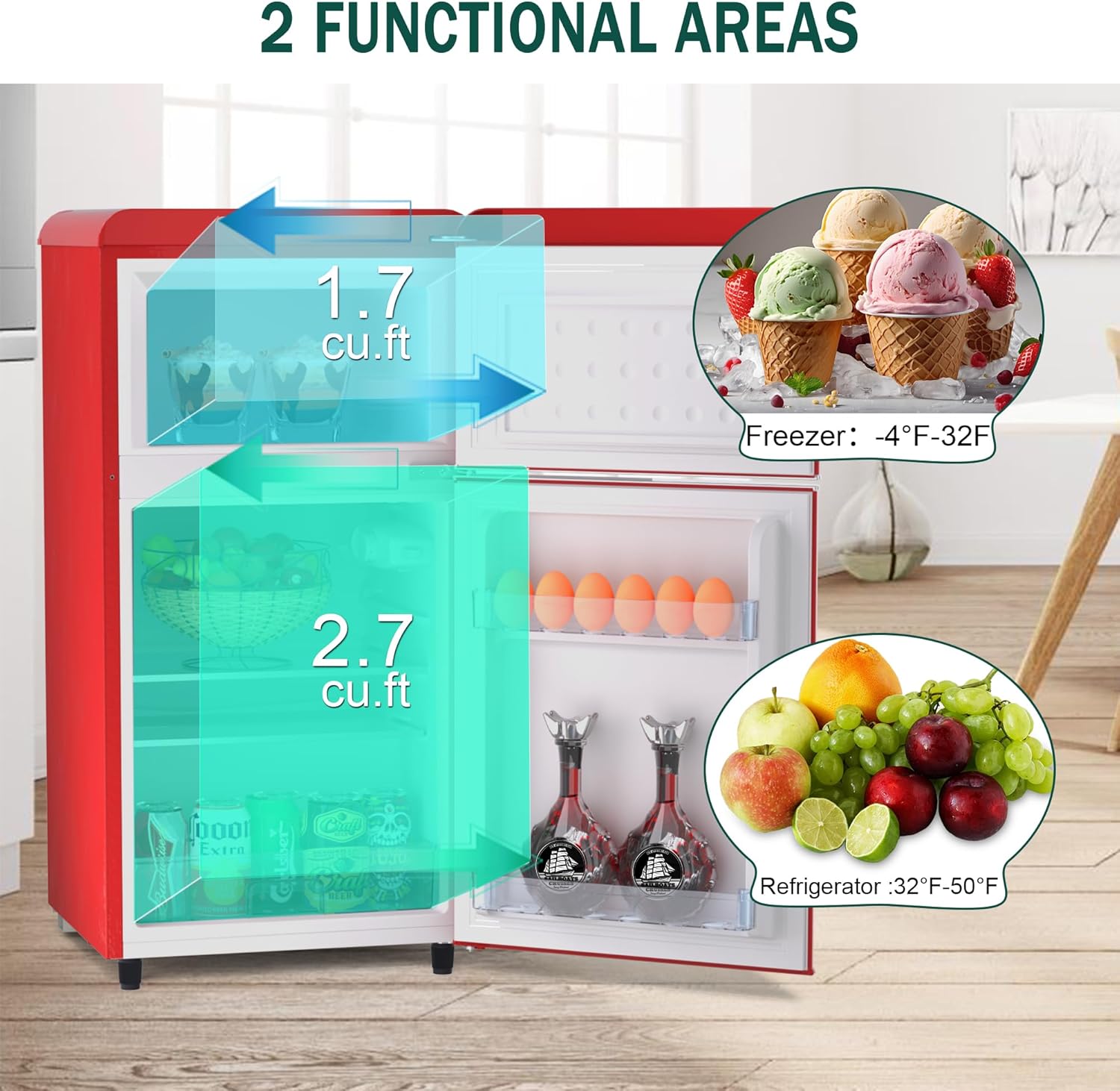 Compact Retro Fridge with Freezer for Bedroom, 4.4 Cu. Ft. Retro Mini Fridge with Separate Freezer
