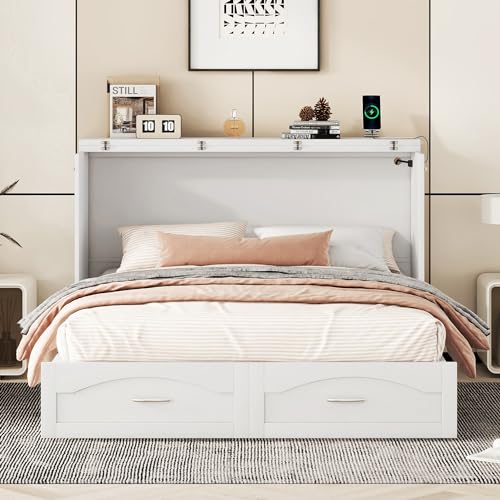 Queen Size Murphy Wall Bed with Storage, Bookcase Headboard, Solid Wood Cabinets, Shelves, Drawers and USB Ports