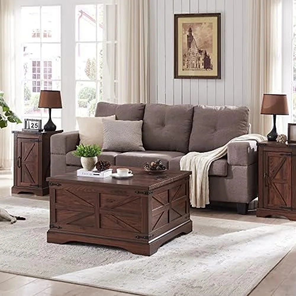 HJZBNONE Farmhouse Coffee Table  Square Wood Center Table with Large Hidden  Compartment for Living Room  Rustic Cocktail Table with Hinged Lift Top