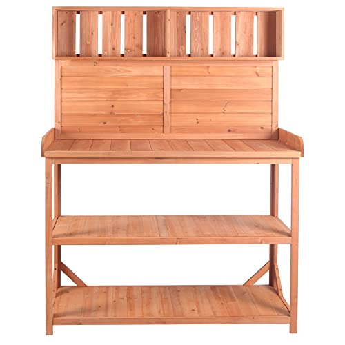 Merax 66" Large Outdoor Farmhouse Wooden Potting Bench Table, Garden Workstation with 2 Drawers, Cabinet, and Open Shelves for Backyard, Mudroom