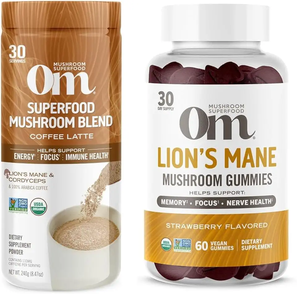 OM MUSHROOM SUPERFOOD Coffee Latte Blend Mushroom Powder, 8.47 Ounce and Lion’s Mane Mushroom Gummies, 60 Count, Strawberry Bundle
