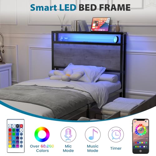 Queen Size Bed Frame with 4 Storage Drawers, LED Platform Bed with Headboard, Built in Charging Station, Noise Free, Stable and Solid