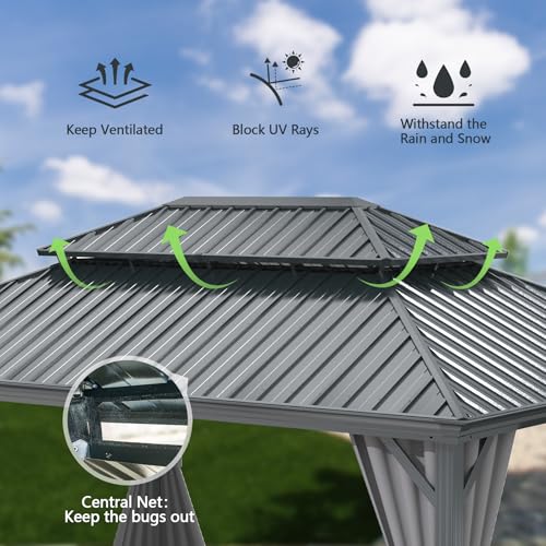 Domi 10’ x 10’ Hardtop Gazebo Metal Frame Canopy with Netting & Curtains