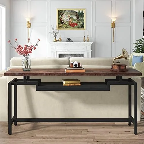 KHBIULIFE 70 inch Sofa Table  Narrow Long Console Table with 2 Tiers  Industiral TV Console Behind Couch Table with  for Entryway  Living Room  Brown