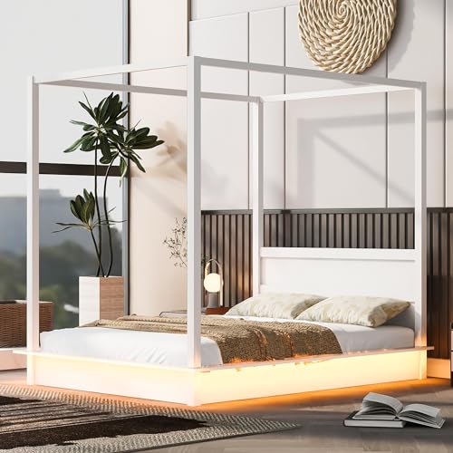 Bellemave Canopy Bed Frame Wood Four Posters Twin/Full/Queen/King LED Platform Bed with Built-in Headboard Strong Wooden Slat Support