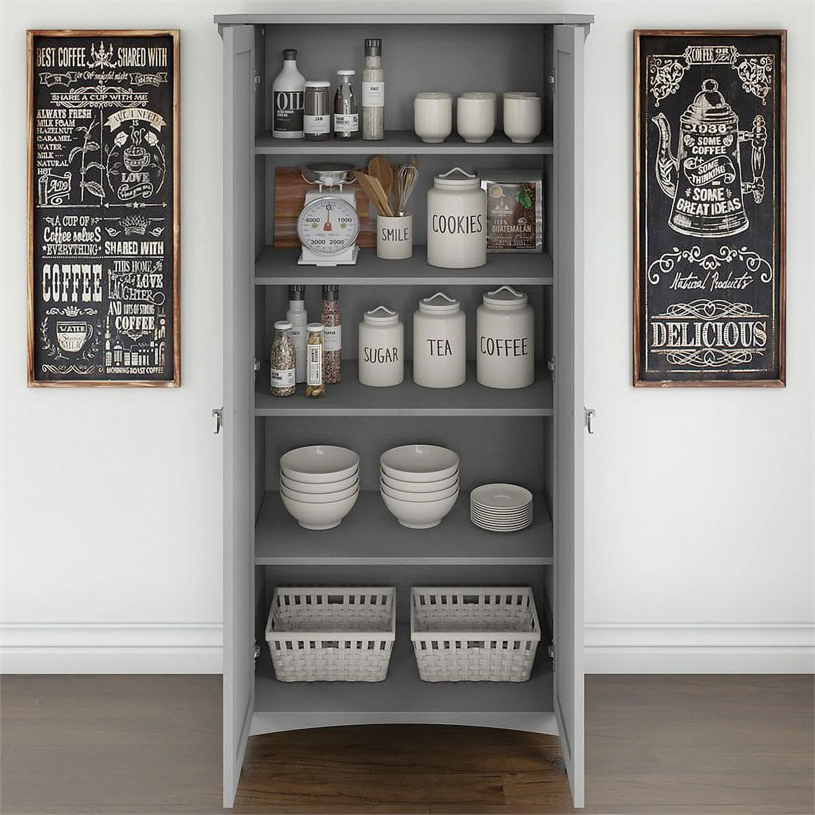 Bowery Hill Wood Furniture Kitchen Pantry Cabinet with Doors in Gray