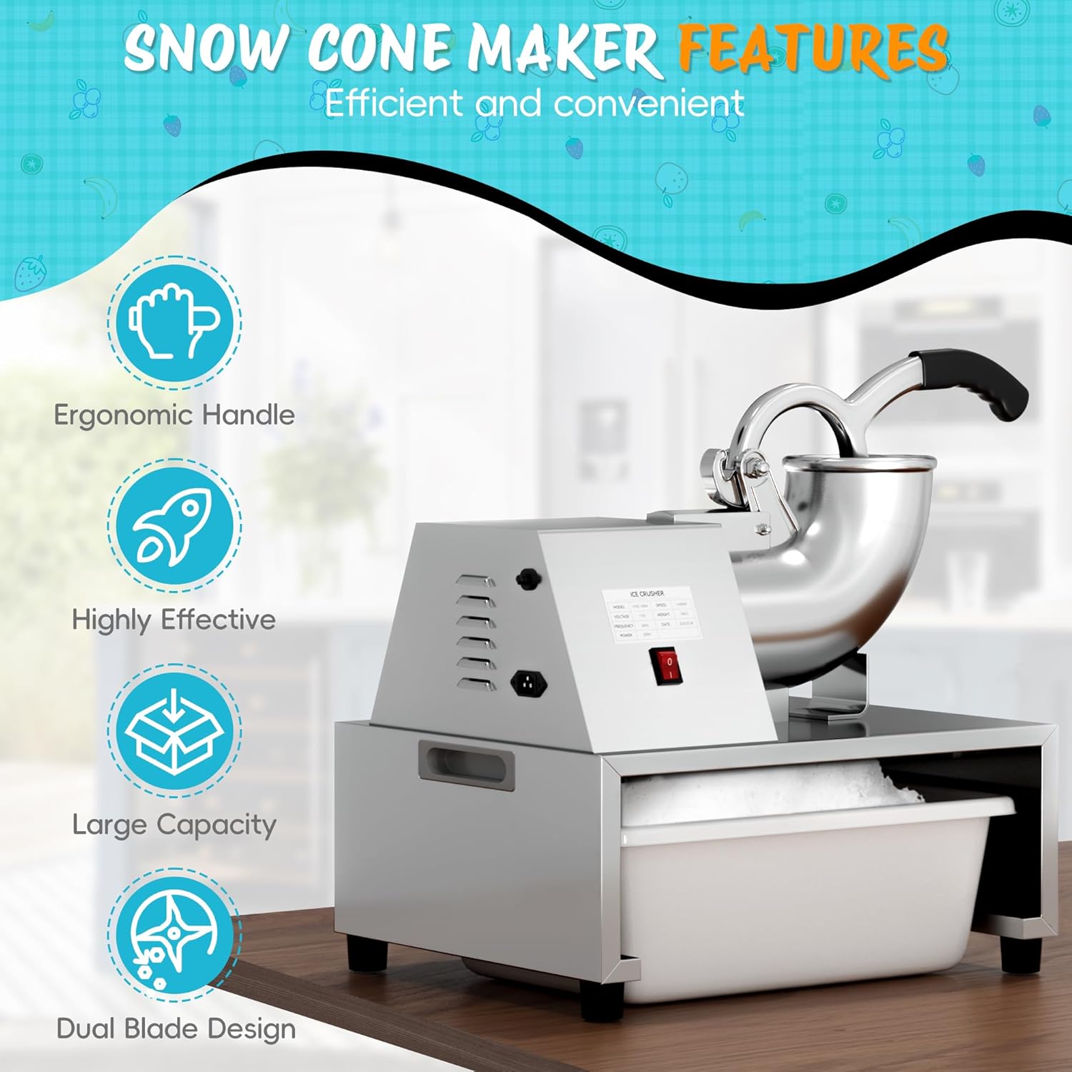 Snow Cone Machine Shaved Ice, 500LB/H Commercial Ice Crusher Shaved Ice Machine Fluffy