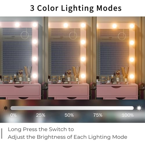 Vanity Desk with Mirror and Lights, Makeup Table with Charging Station, 3 Color Lighting Modes, 15 Drawers Dressing Table