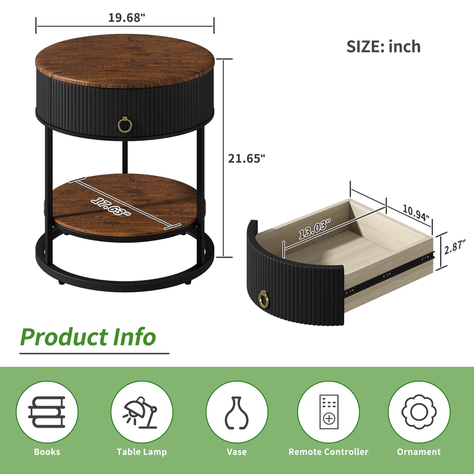 ASYA Metal End Table with Drawer, 21.65’’ Sofa Side Table, 2-Tier Round Nightstand for Bedroom, Black