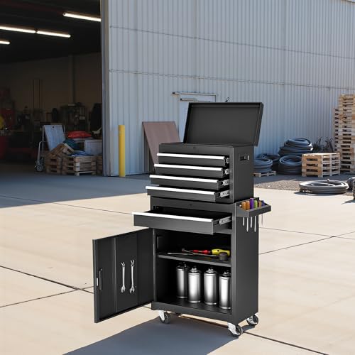Rolling Tool Chest 5 Drawers Tool Box Garage Storage Cabinet Steel Frame 2 in 1 Tool Cart with Universal Lockable Wheels