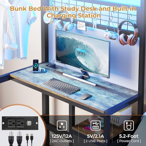 DICTAC Twin Over Twin Size Bunk Bed with Desk and Charging Station Metal Loft Bed with Led Lights & Storage Shelves and Drawers L-Shaped Bunk Bed for